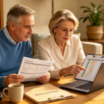 Couple planning retirement finances at home