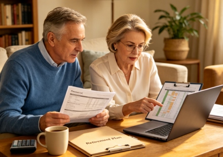 Couple planning retirement finances at home